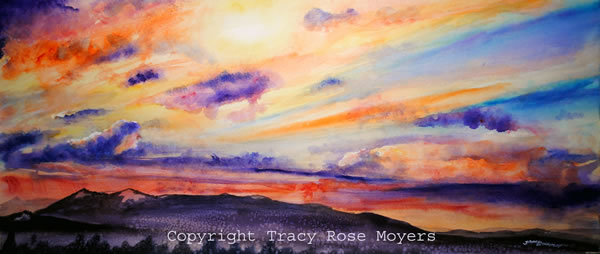 "Montana Sunset" Watercolor, Image size: 9x21, Framed size: 15x27, $685